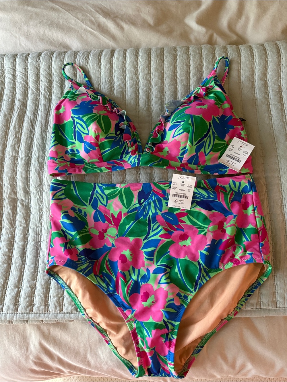 J. Crew Women Polynesian Green Pinata Floral High-Waist Bikini Top L Bottom M